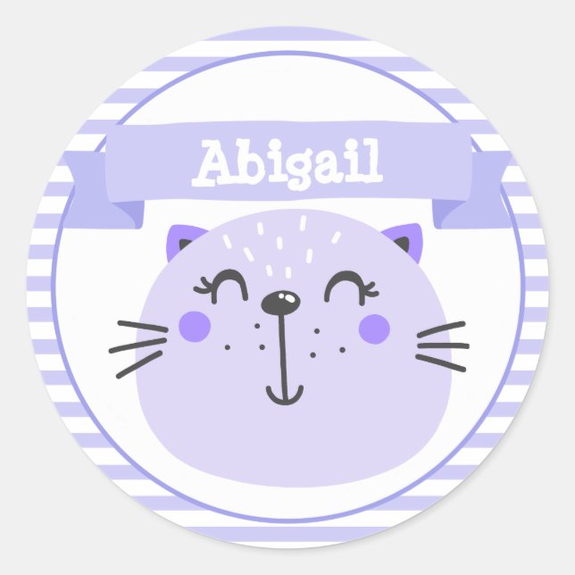 Cute Purple Cat | Personalised Classic Round Sticker (Front)
