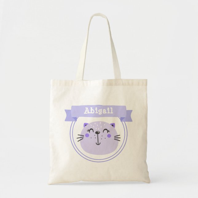 Cute Purple Cat | Personalised Kids / Girls Tote Bag (Front)