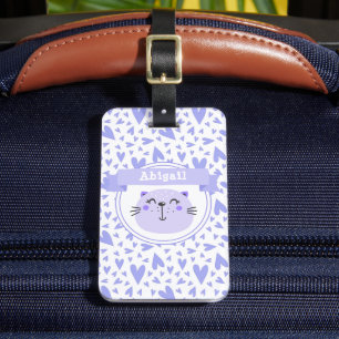Cute Purple Cat   Personalised Lilac Hearts Kids Luggage Tag