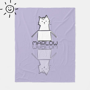 Cute Purple Cat Reflection Doodle Custom Name Fleece Blanket