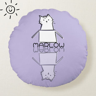 Cute Purple Cat Reflection Doodle Custom Name Round Cushion
