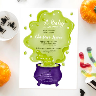 Cute purple cauldron green halloween baby shower invitation