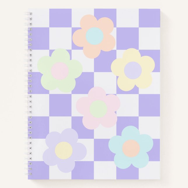 Cute Purple Chequerboard and Pastel Flowers Notebook (Front)
