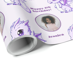 Cute Purple Chibi Dragon Custom Photo Text Wrapping Paper