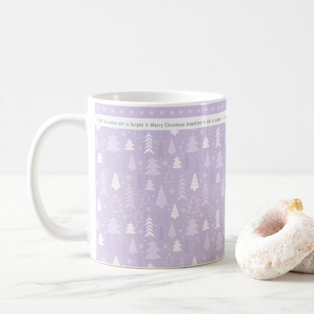 Cute Purple Christmas trees Personalised Coffee Mug (With Donut)