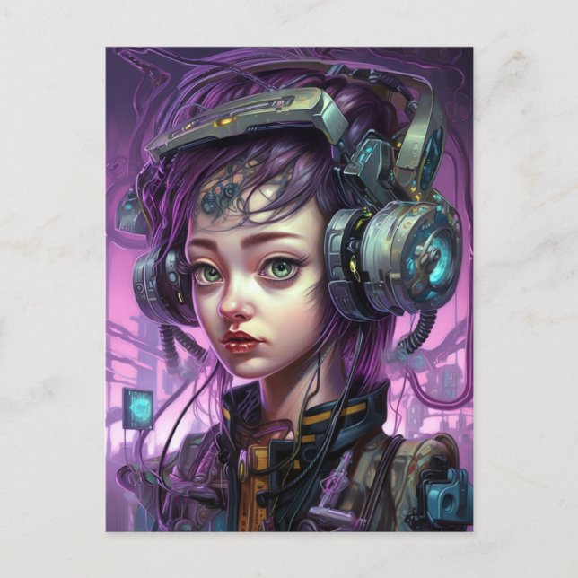 Cute Purple Cyberpunk Girl Science Fiction Postcard (Front)