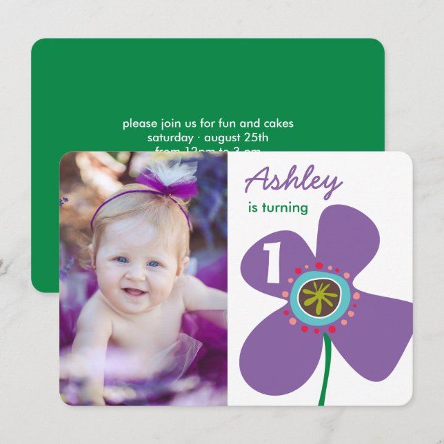 Cute Purple Daisy Pop Chic Photo Girl 1st Birthday Invitation (Front/Back)