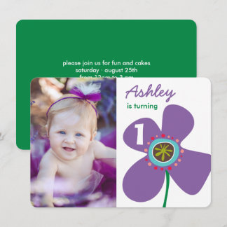 Cute Purple Daisy Pop Chic Photo Girl 1st Birthday Invitation
