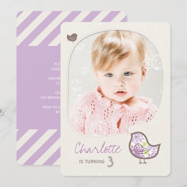Cute Purple Damask Bird Girl Photo Birthday Party Invitation (Front/Back)