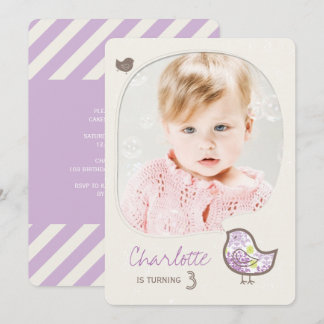 Cute Purple Damask Bird Girl Photo Birthday Party Invitation