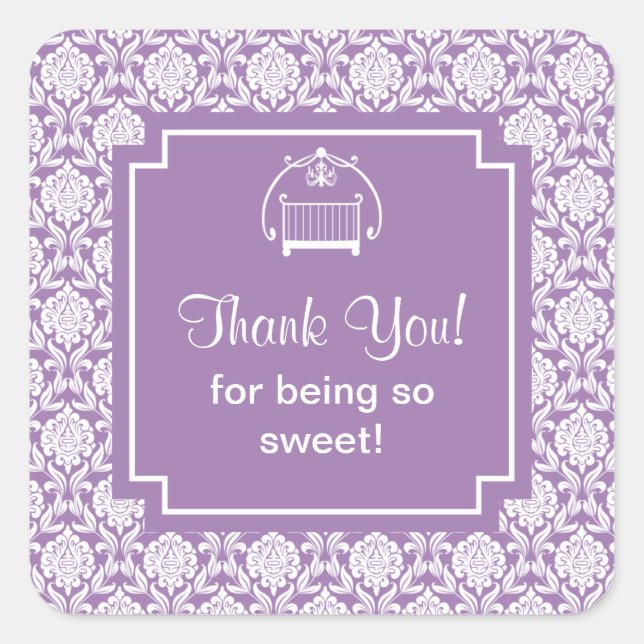 Cute Purple Damask Crib Baby Shower Square Sticker (Front)