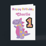 Cute Purple Dinosaur 1st Birthday Card<br><div class="desc">Celebrate a special 1st birthday with the adorable,  bright and colourful dinosaur birthday. Personalise the name to create the perfect card.</div>