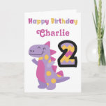 Cute Purple Dinosaur 2nd Birthday Card<br><div class="desc">Celebrate a special 2nd birthday with the adorable,  bright and colourful dinosaur birthday. Personalise the name to create the perfect card.</div>