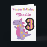 Cute Purple Dinosaur 3rd Birthday Card<br><div class="desc">Celebrate a special 3rd birthday with the adorable,  bright and colourful dinosaur birthday. Personalise the name to create the perfect card.</div>