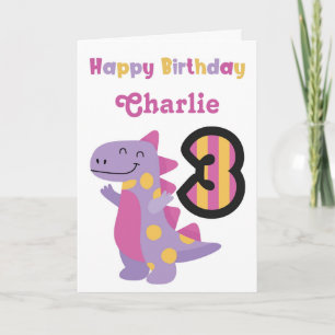 Cute Purple Dinosaur 3rd Birthday Card