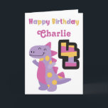 Cute Purple Dinosaur 4th Birthday Card<br><div class="desc">Celebrate a special 4th birthday with the adorable,  bright and colourful dinosaur birthday. Personalise the name to create the perfect card.</div>