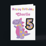 Cute Purple Dinosaur 5th Birthday Card<br><div class="desc">Celebrate a special 5th birthday with the adorable,  bright and colourful dinosaur birthday. Personalise the name to create the perfect card.</div>