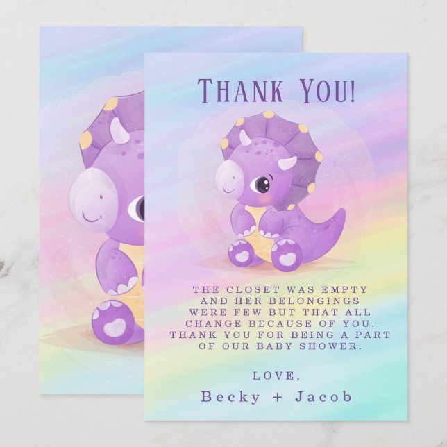 Cute Purple Dinosaur Baby Shower Thank You Card  (Front/Back)