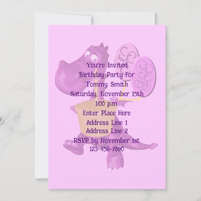 Cute Purple Dinosaur Birthday Party  Invitation (Front)
