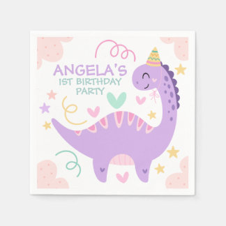 Cute Purple Dinosaur Kids Birthday Napkin