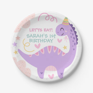 Cute Purple Dinosaur Kids Birthday Paper Plate