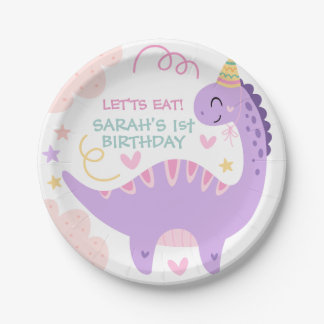 Cute Purple Dinosaur Kids Birthday Paper Plate
