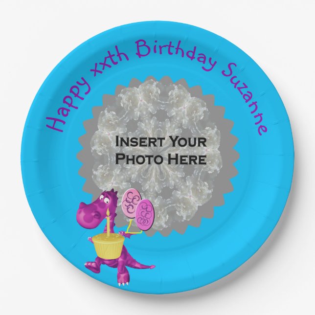 Cute Purple Dinosaur Photo Birthday Party Paper Plate (Front)