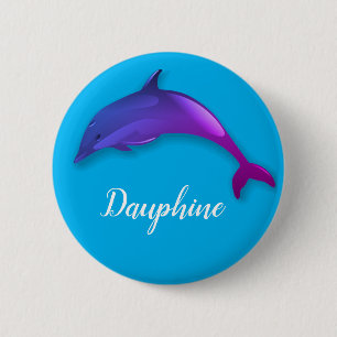 Cute purple dolphin in sky blue - add name 6 cm round badge