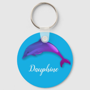 Cute  purple  dolphin  in sky blue -  add name key ring