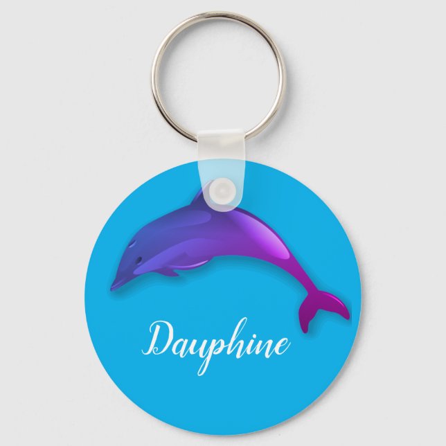 Cute  purple  dolphin  in sky blue -  add name key ring (Front)