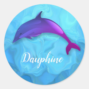 Cute  purple  dolphin  in water -  add name  classic round sticker