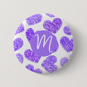 Cute Purple Doodled Heart Valentine's Day Monogram 6 Cm Round Badge