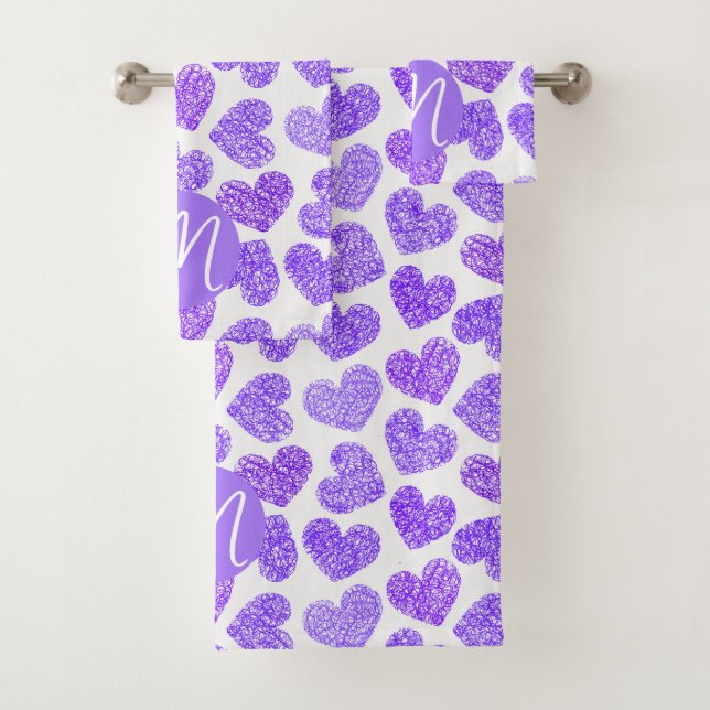 Cute Purple Doodled Heart Valentine's Day Monogram Bath Towel Set (Insitu)