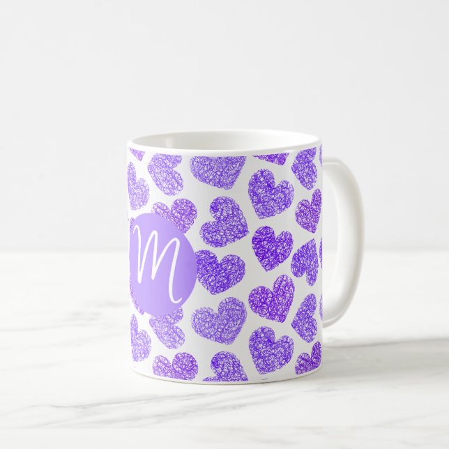 Cute Purple Doodled Heart Valentine's Day Monogram Coffee Mug (Front Right)