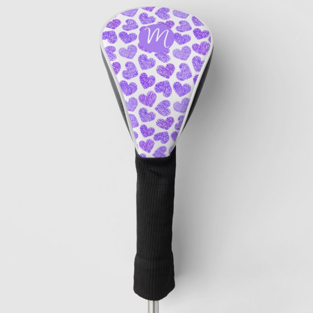 Cute Purple Doodled Heart Valentine's Day Monogram Golf Head Cover (Front)
