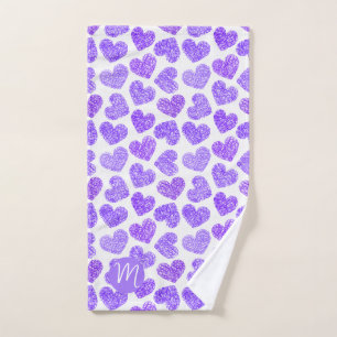 Cute Purple Doodled Heart Valentine's Day Monogram Hand Towel