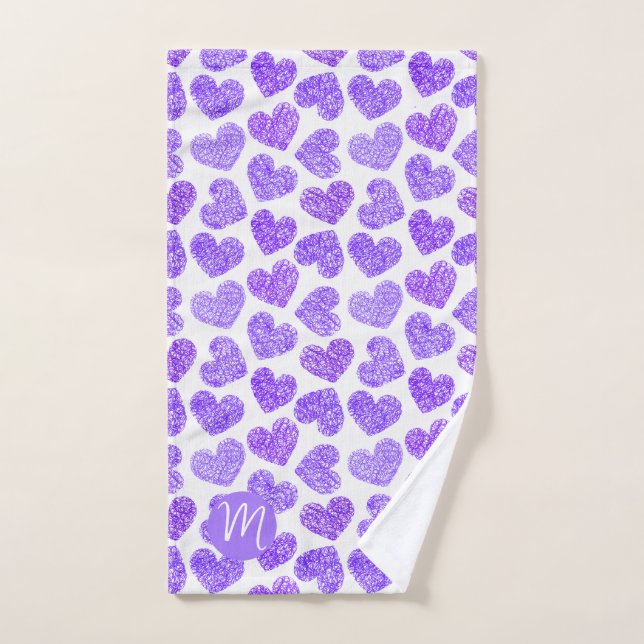 Cute Purple Doodled Heart Valentine's Day Monogram Hand Towel (Hand Towel)