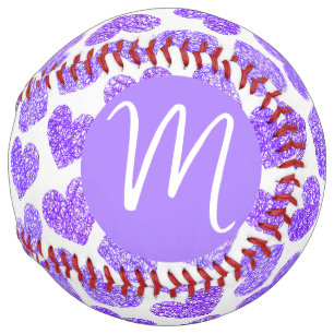 Cute Purple Doodled Heart Valentine's Day Monogram Softball