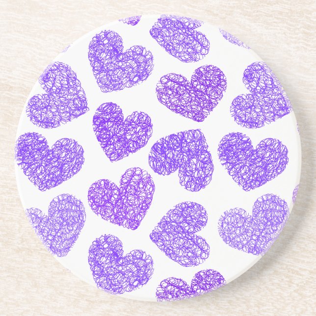 Cute Purple Doodled Heart Valentine's Day Pattern Coaster (Front)