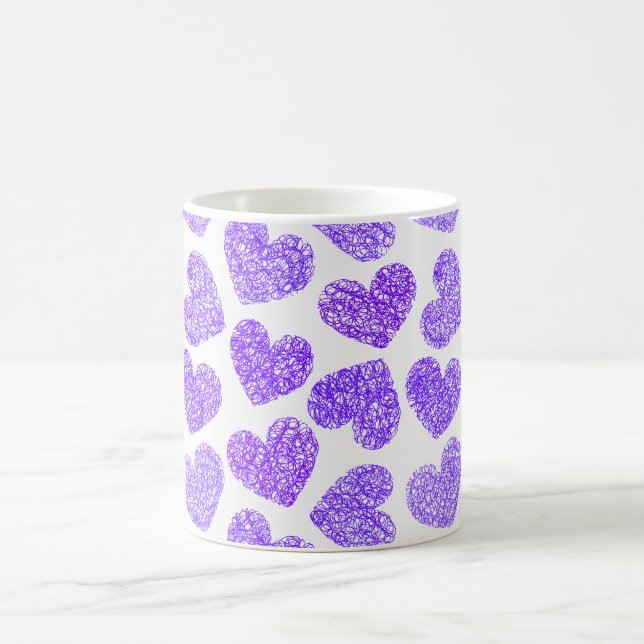 Cute Purple Doodled Heart Valentine's Day Pattern Coffee Mug (Center)