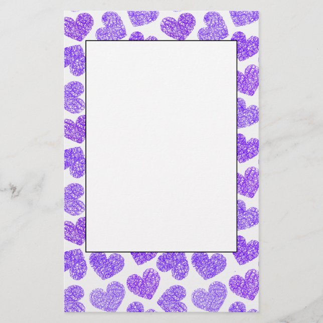Cute Purple Doodled Heart Valentine's Day Pattern Stationery (Front)