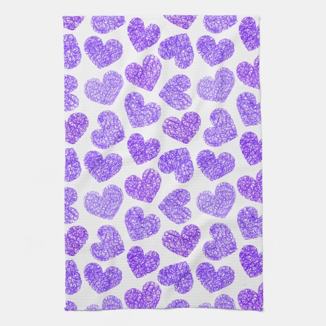 Cute Purple Doodled Heart Valentine's Day Pattern Tea Towel (Vertical)