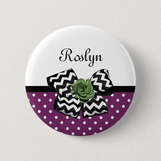 Cute Purple Dots Green Rose Chevron Bow With Name 6 Cm Round Badge (Front)