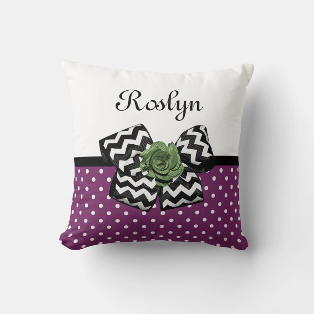 Cute Purple Dots Green Rose Chevron Bow With Name Cushion (Front)
