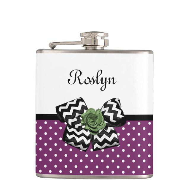 Cute Purple Dots Green Rose Chevron Bow With Name Hip Flask (Front)
