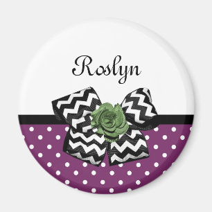 Cute Purple Dots Green Rose Chevron Bow With Name Magnet