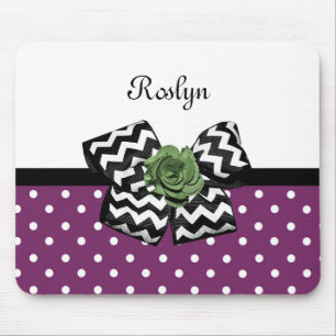 Cute Purple Dots Green Rose Chevron Bow With Name Mouse Mat