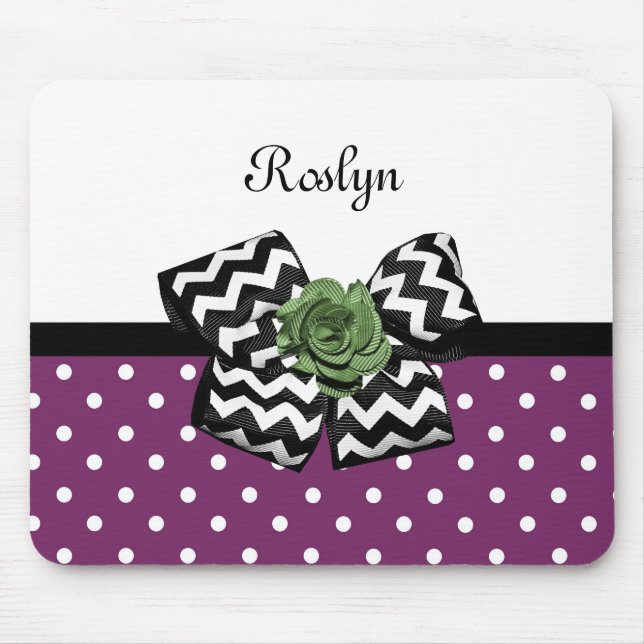 Cute Purple Dots Green Rose Chevron Bow With Name Mouse Mat (Front)