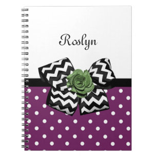 Cute Purple Dots Green Rose Chevron Bow With Name Notebook