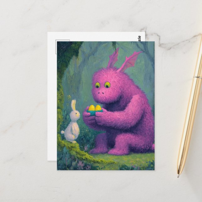 Cute Purple Dragon and Easter Bunny Watercolor Postcard (Front/Back In Situ)